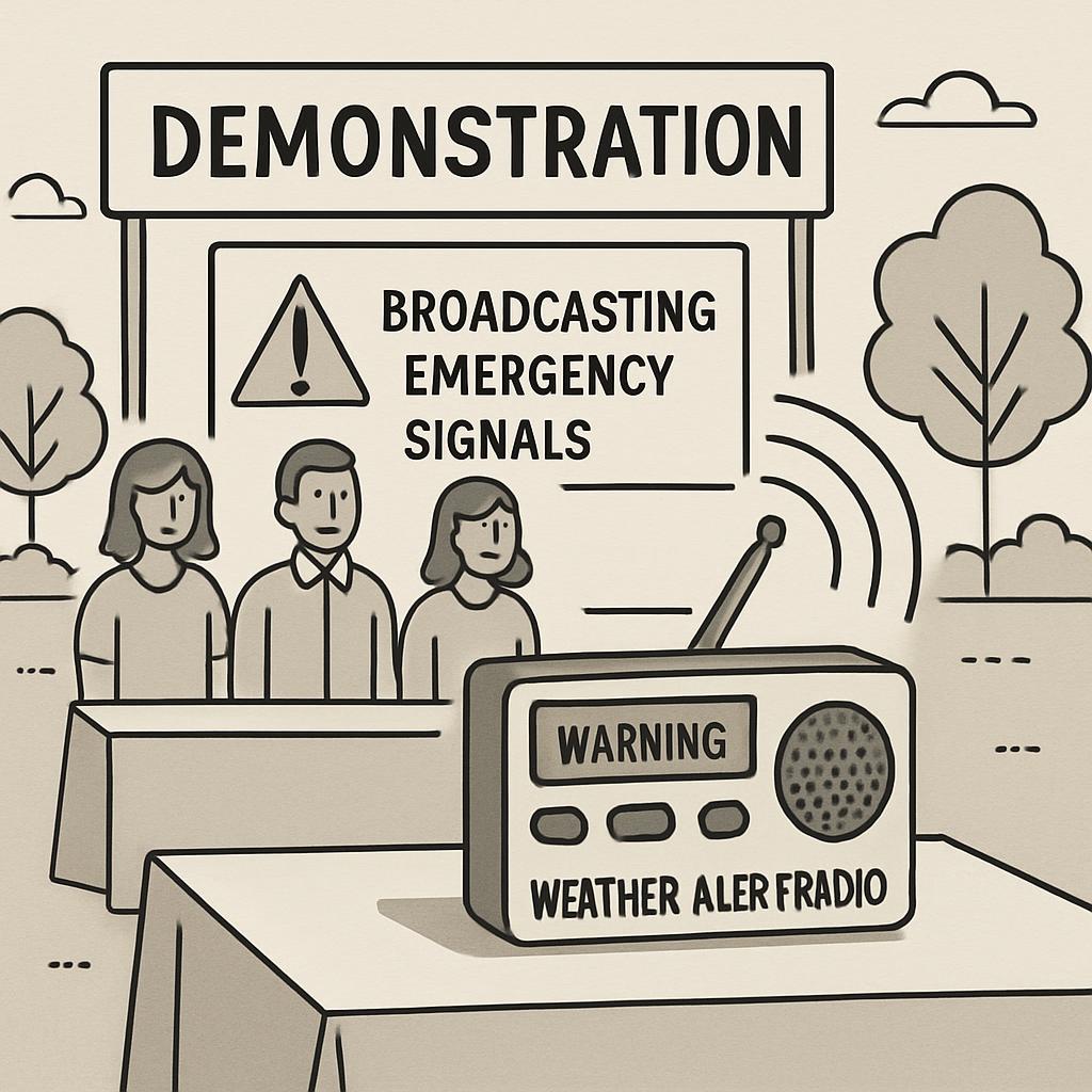 A cartoon of a couple sitting at a table with a radio on the table that says "WEATHER ALER FRADIO" and a sign that says "D...