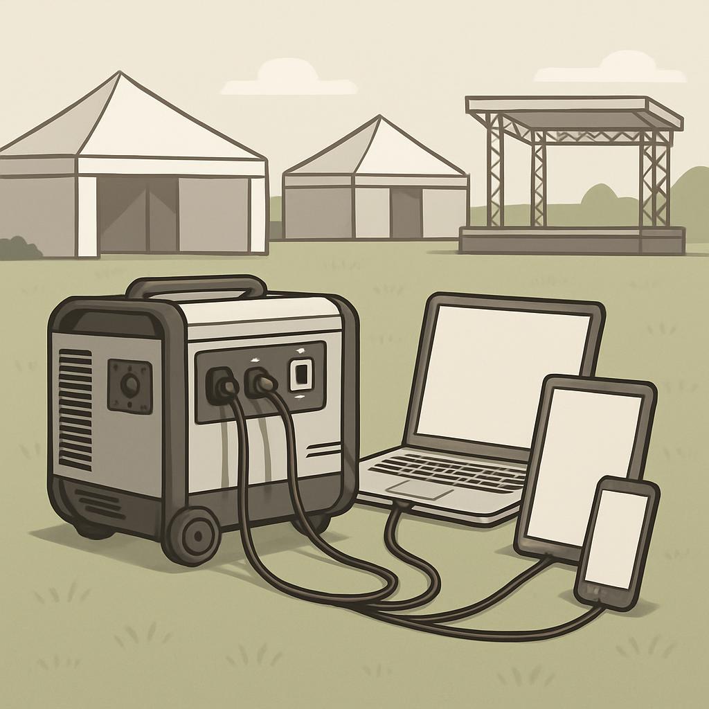 The generator is safely plugged into both the laptop and the mobile device, powering them up to keep you charged and conne...